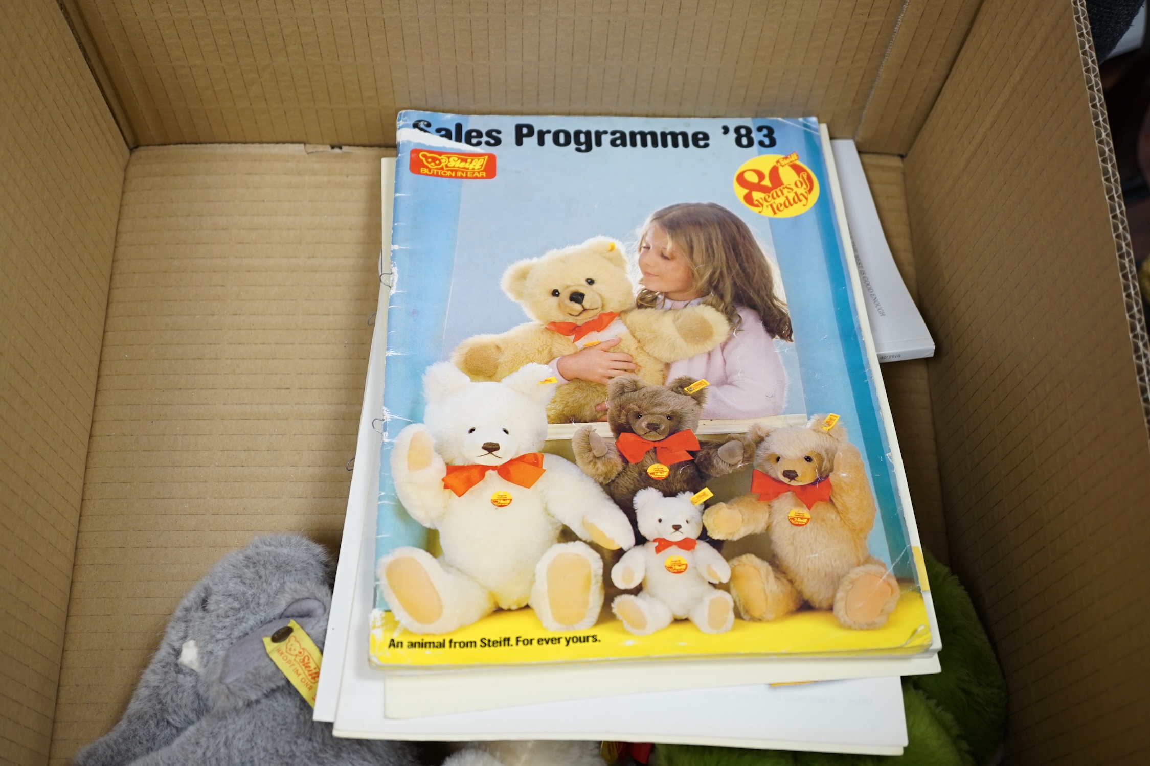 Ten assorted Steiff yellow tag animals, two yellow tag bears, together with Steiff catalogues